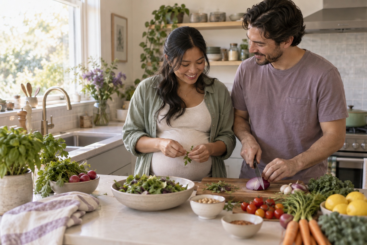An expectant couple preparing a meal together in their kitchen.