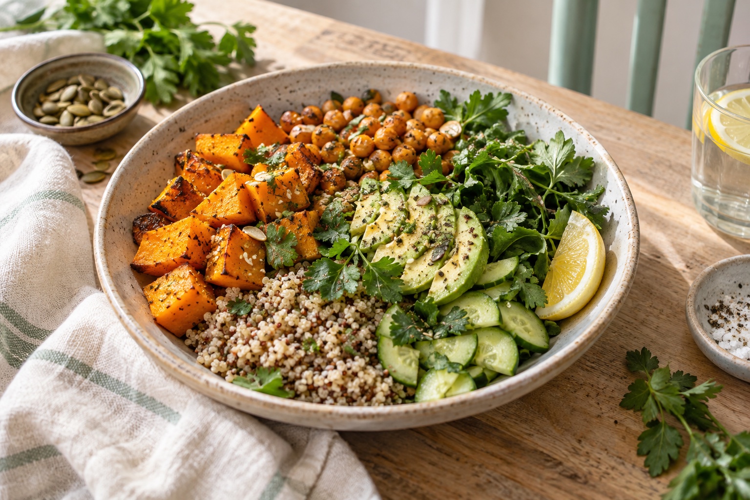 A colorful quinoa bowl with roasted pumpkin, avocado, greens, and herbs.